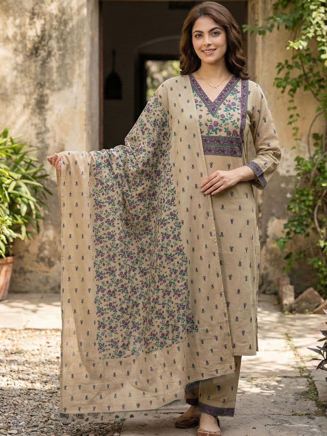 Anouk Women Floral Printed Regular Pure Cotton Kurta with Trousers & With Dupatta - view 1
