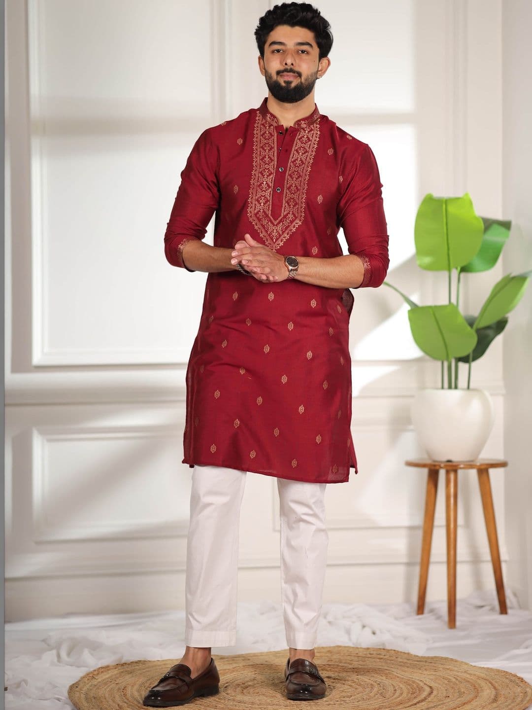 Koshin Men Ethnic Motifs Woven Design Mandarin Collar Cotton Straight Kurtas - view 1