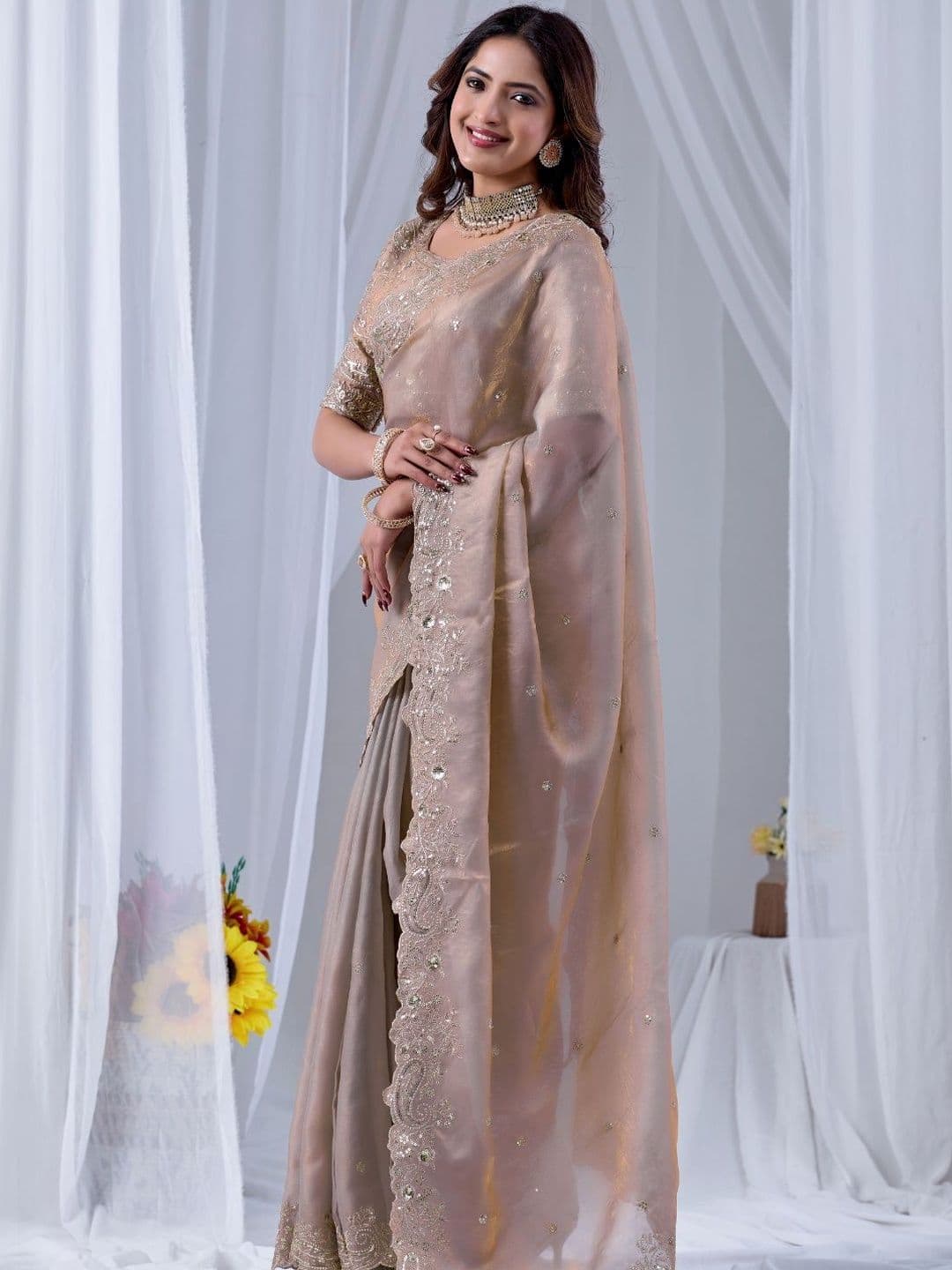 Kesudi Women Purple Zari Sequinned Embroidechiku Space Silk Unstitched Blouse Piece & Sarees - view 1