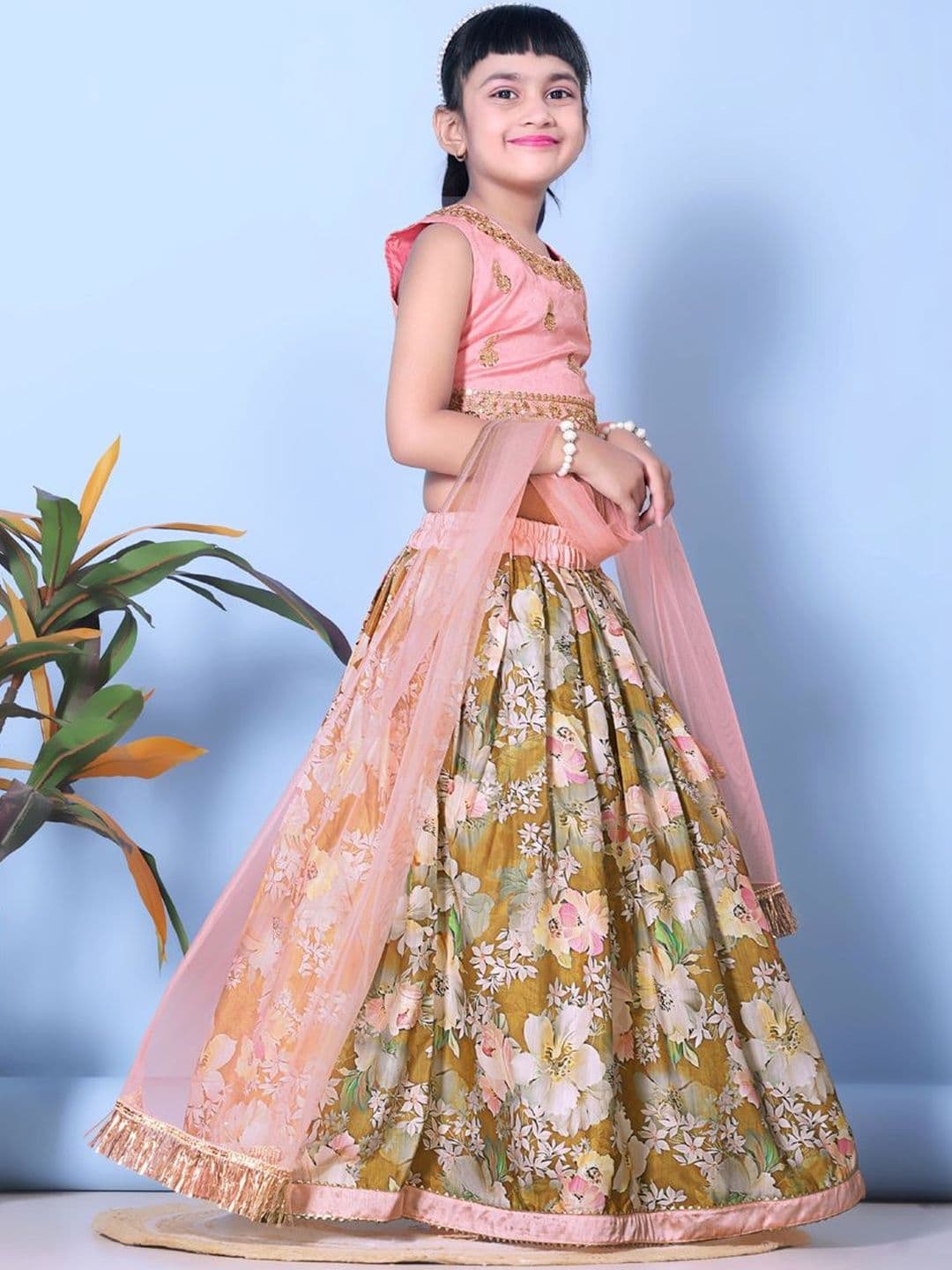 KALINI Girls Embroidered Block Print Ready to Wear Lehenga & Blouse With Dupatta - view 1