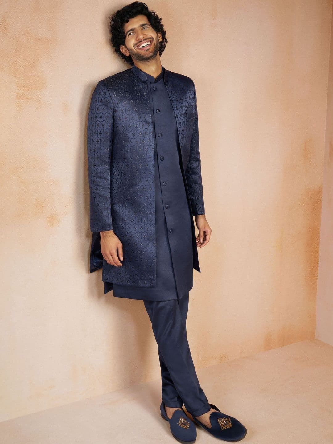 VASTRAMAY Self Design Mandarin Collar Sherwani - view 1