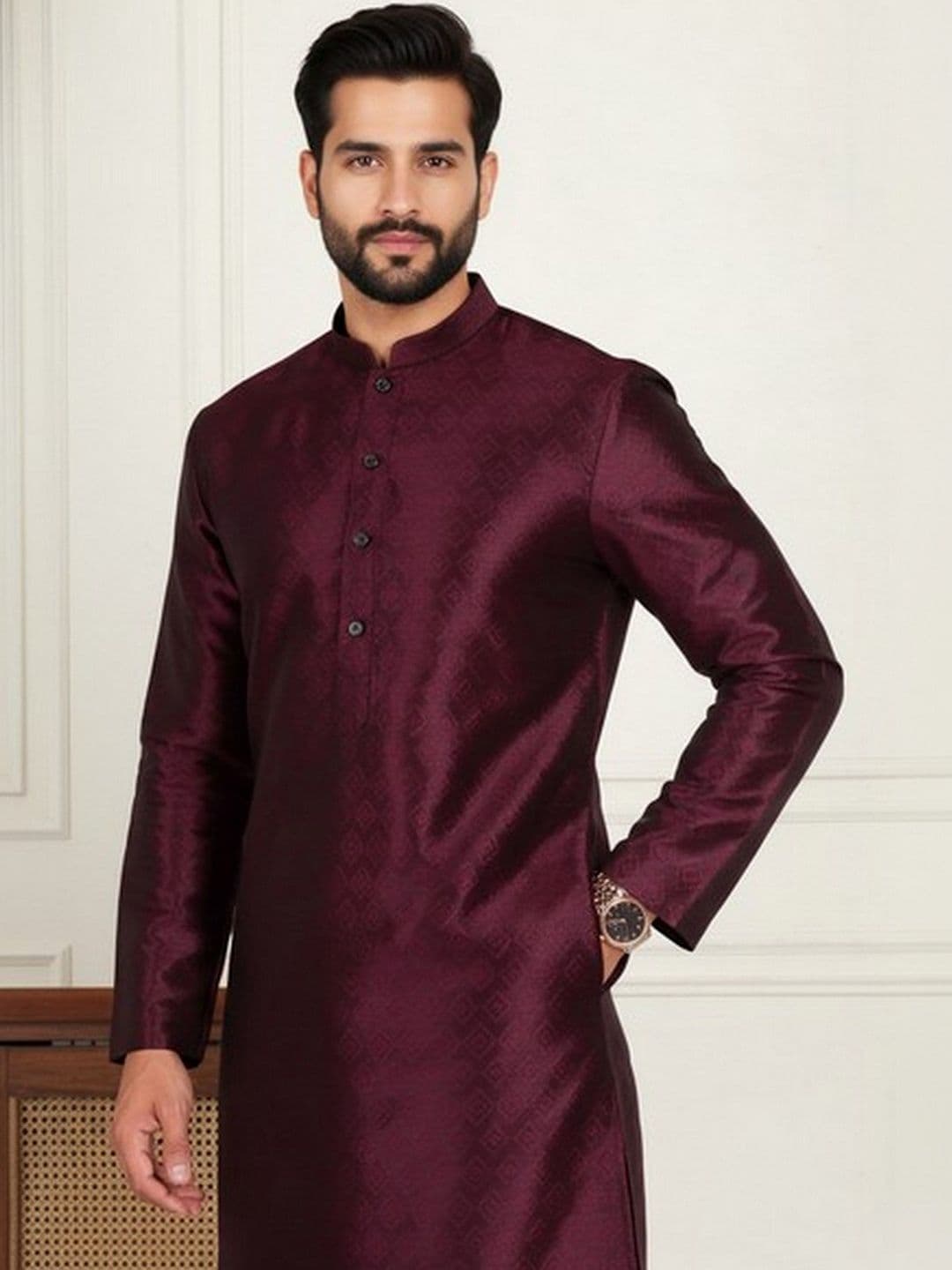 HERE&NOW Men Maroon Woven Design Straight Kurta - view 1