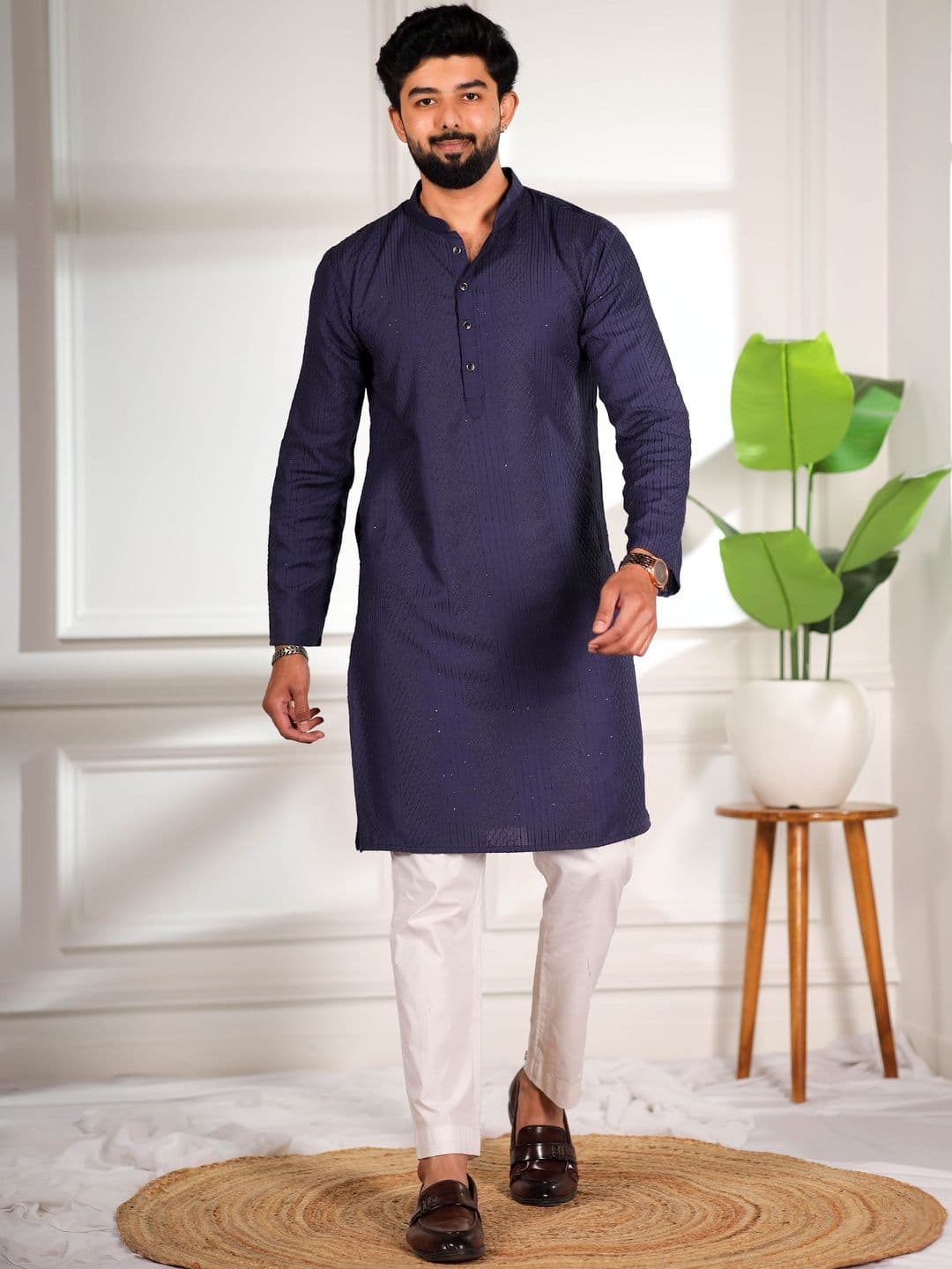 Koshin Men Ethnic Motifs Embroidered Mandarin Collar Thread Work Cotton Straight Kurtas - view 1