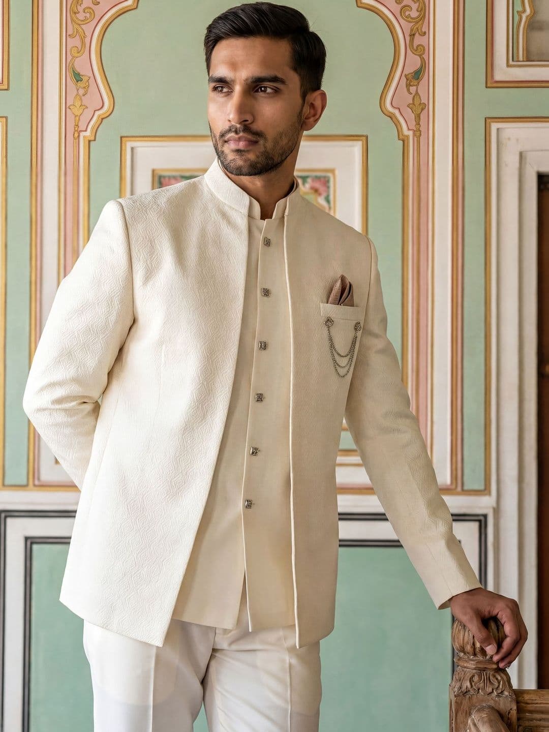 Jompers Textured Mandarin Collar Sherwani - view 1