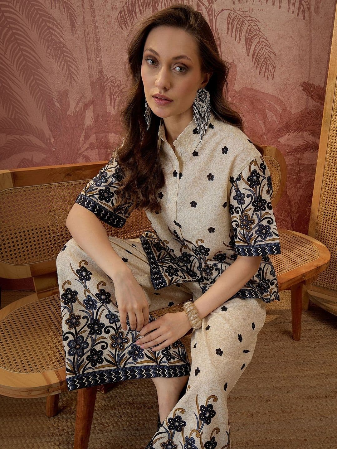 Sangria Printed Short Sleeves Shirt With Palazzo - view 1