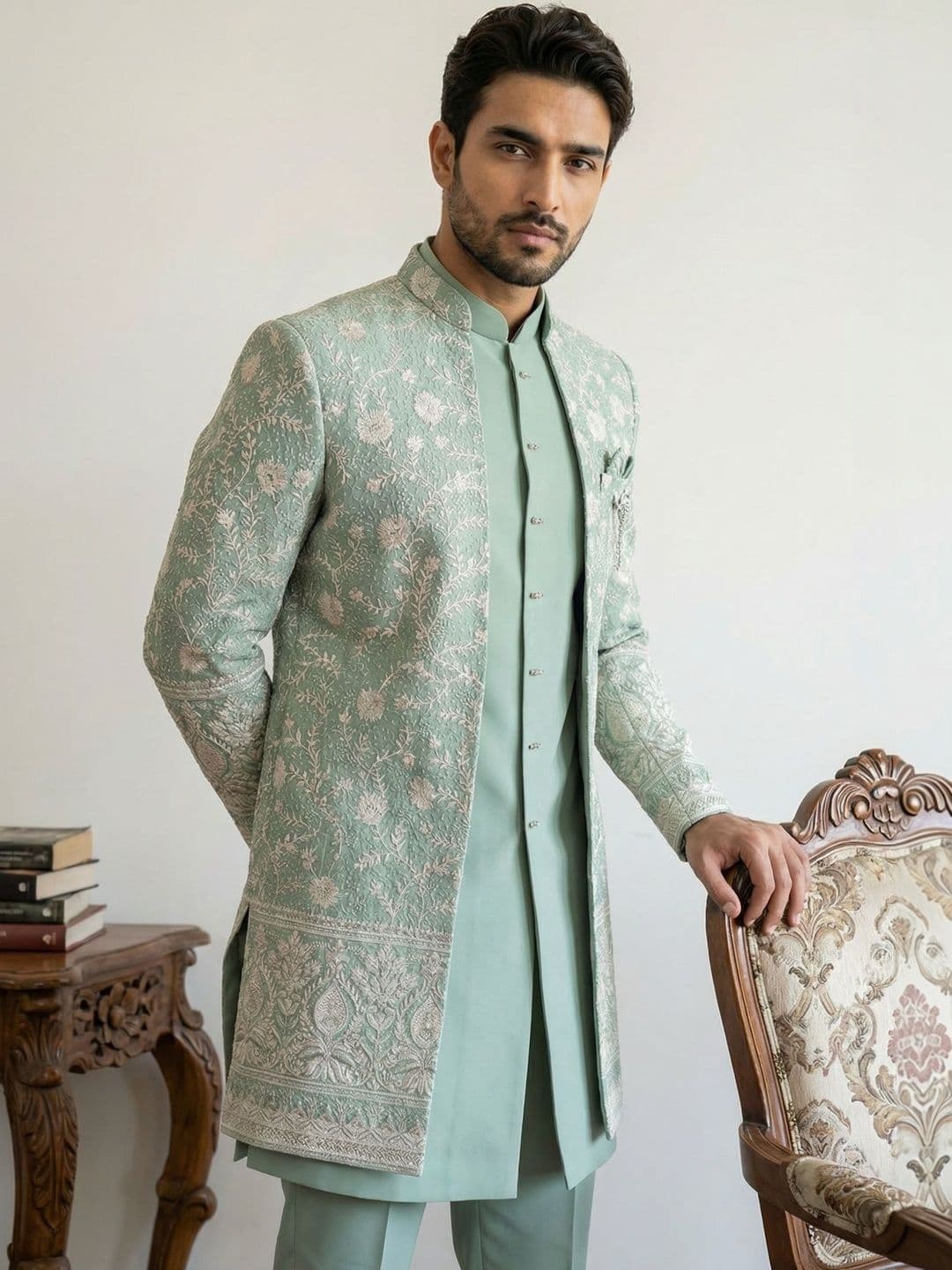 Jompers Embroidered Mandarin Collar Sherwani - view 1