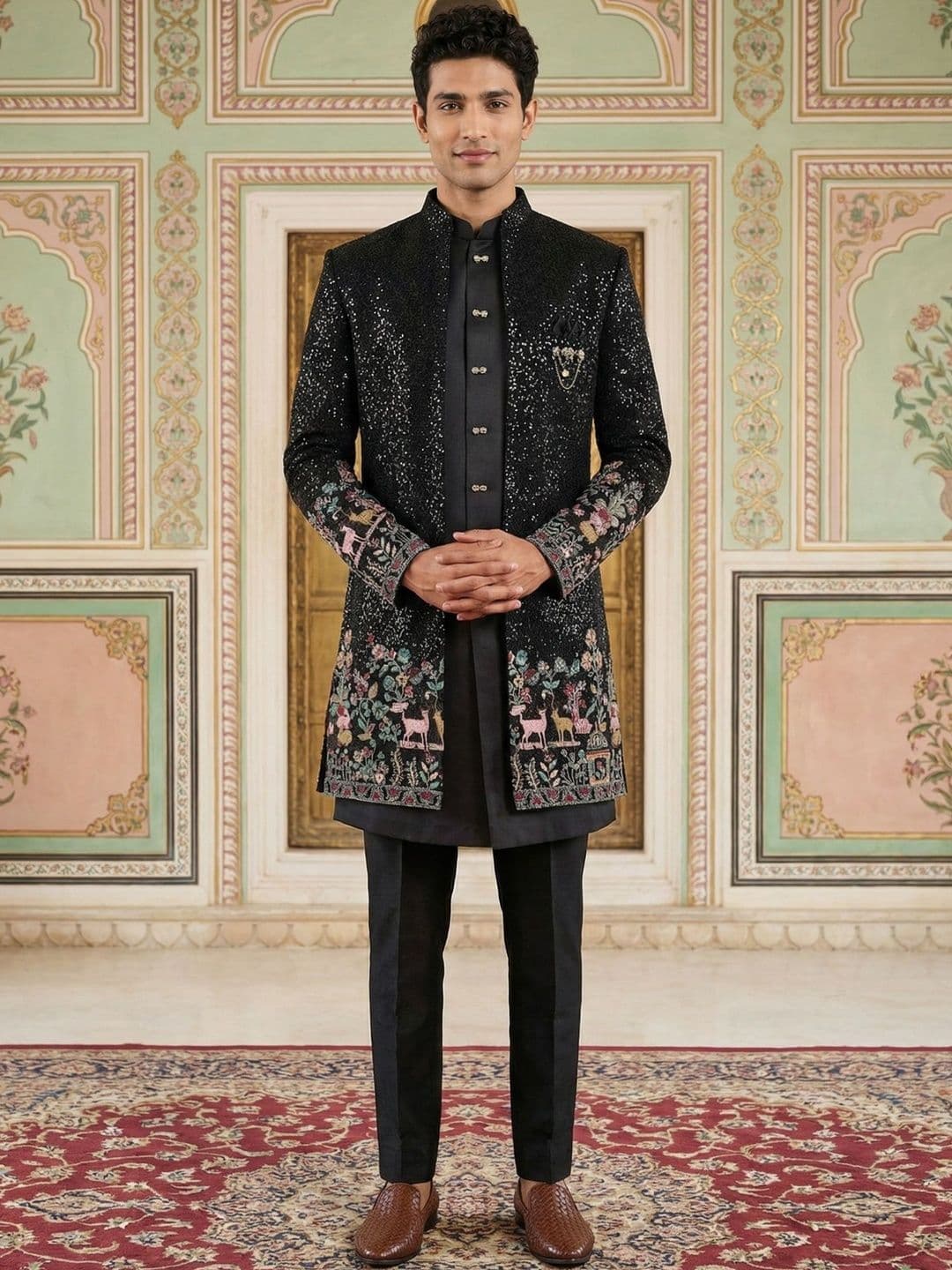 Jompers Embroidered Mandarin Collar Sherwani - view 1