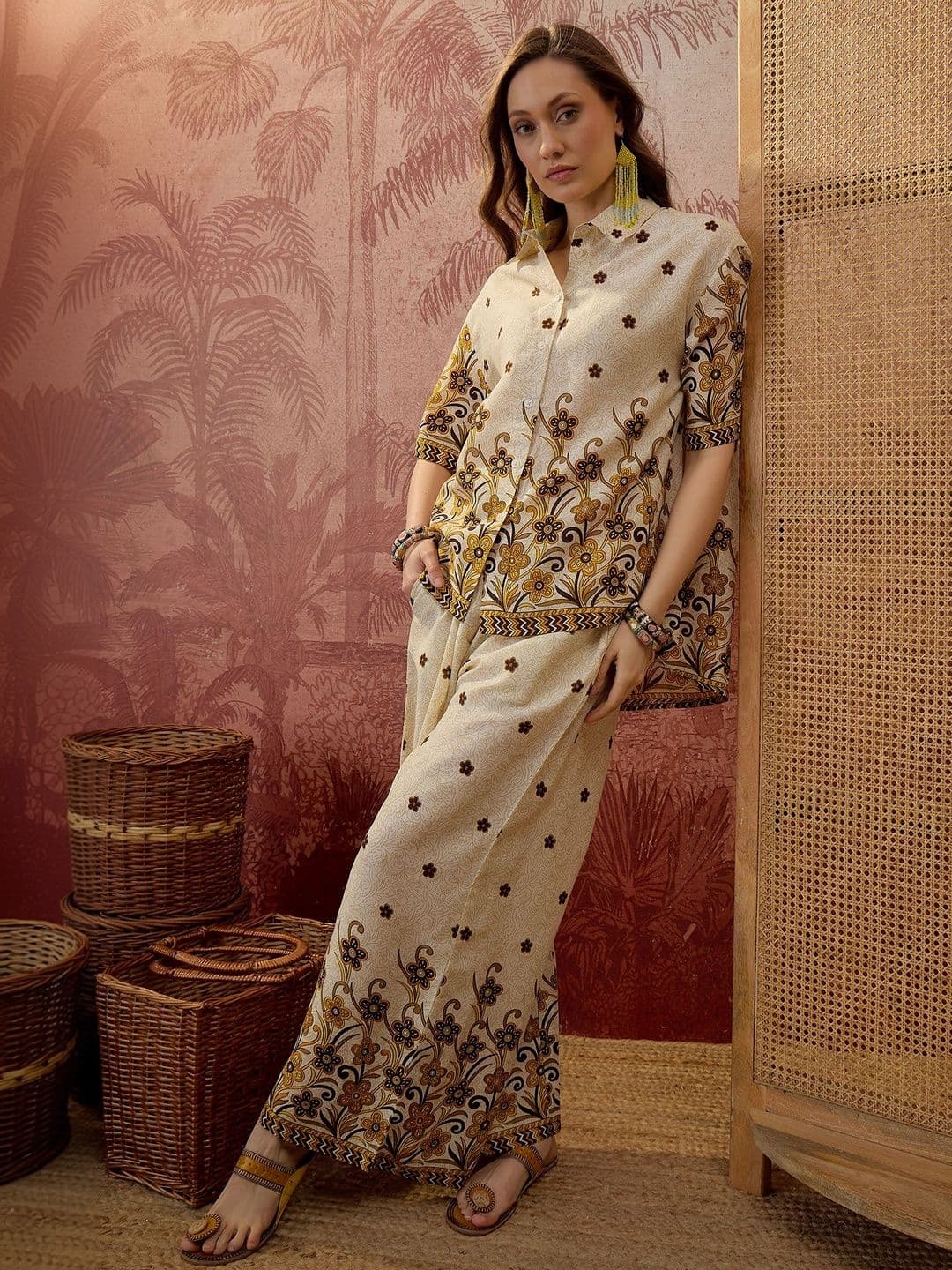 Sangria Printed Short Sleeves Shirt With Palazzo - view 1