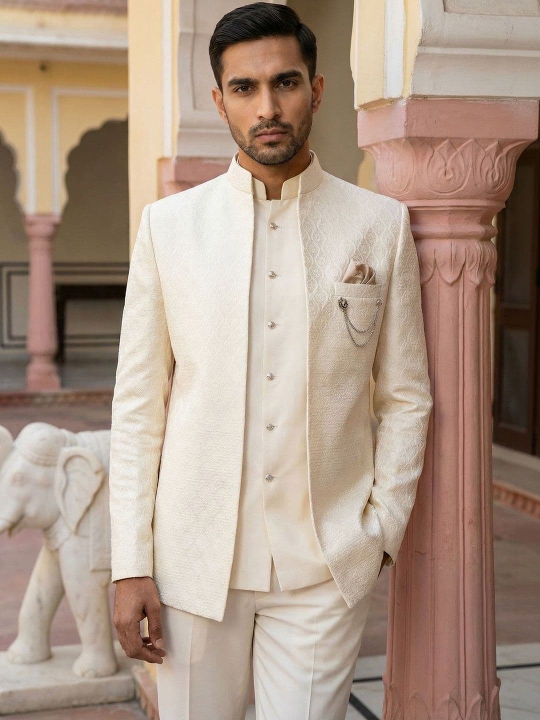 Jompers Self Design Mandarin Collar Sherwani - view 1