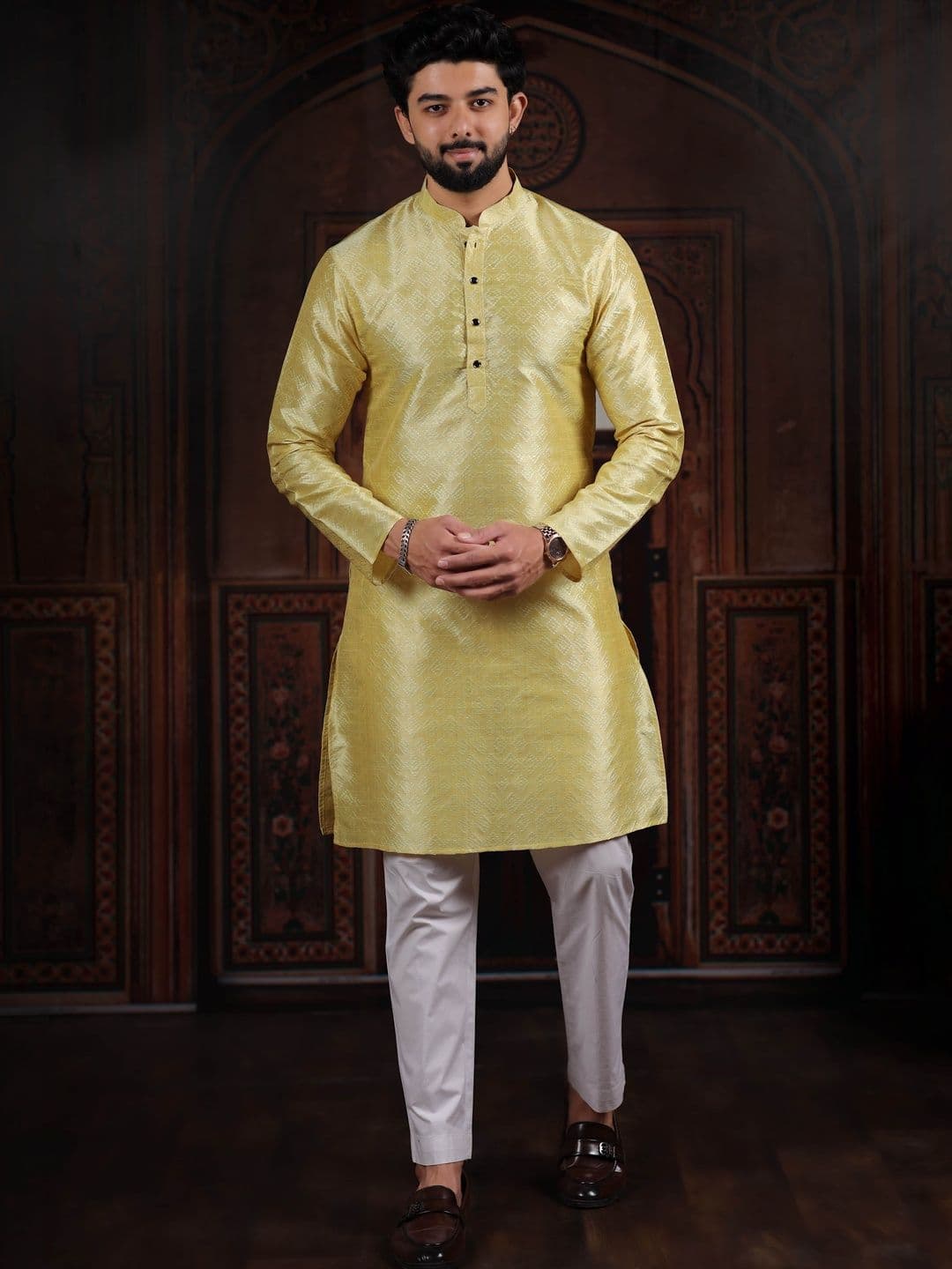 Koshin Men Lemon Yellow Woven Design Art Silk Straight Kurtas - view 1
