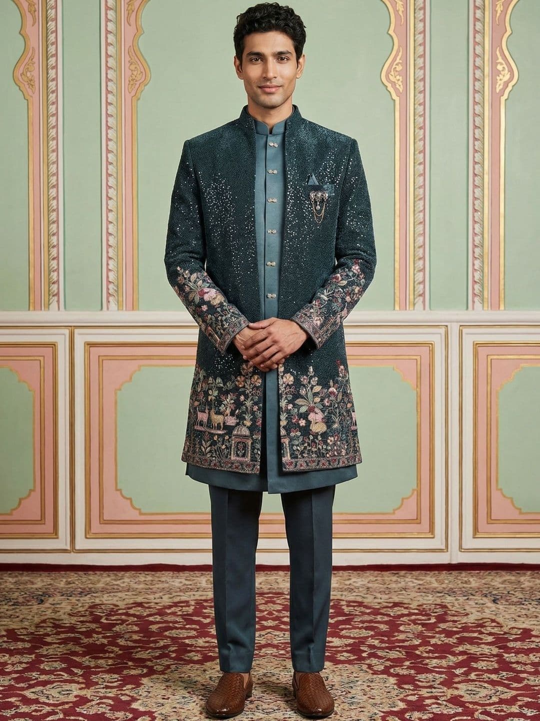 Jompers Embroidered Mandarin Collar Sherwani - view 1