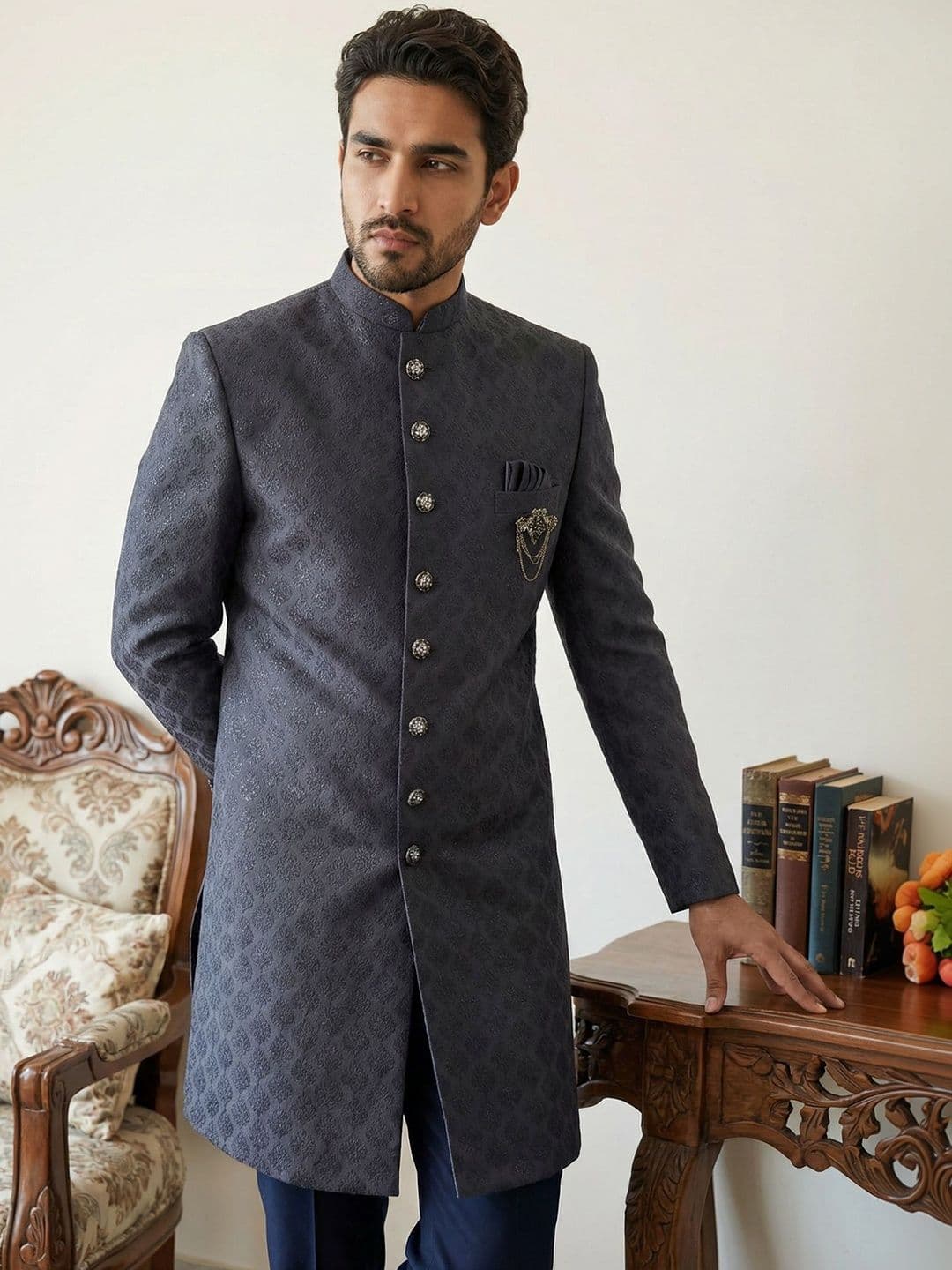 Jompers Self Design Mandarin Collar Sherwani - view 1