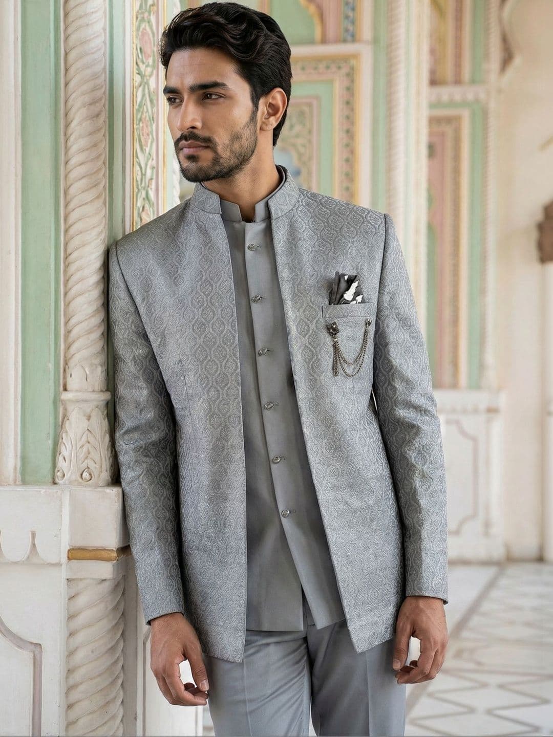 Jompers Self Design Mandarin Collar Sherwani - view 1