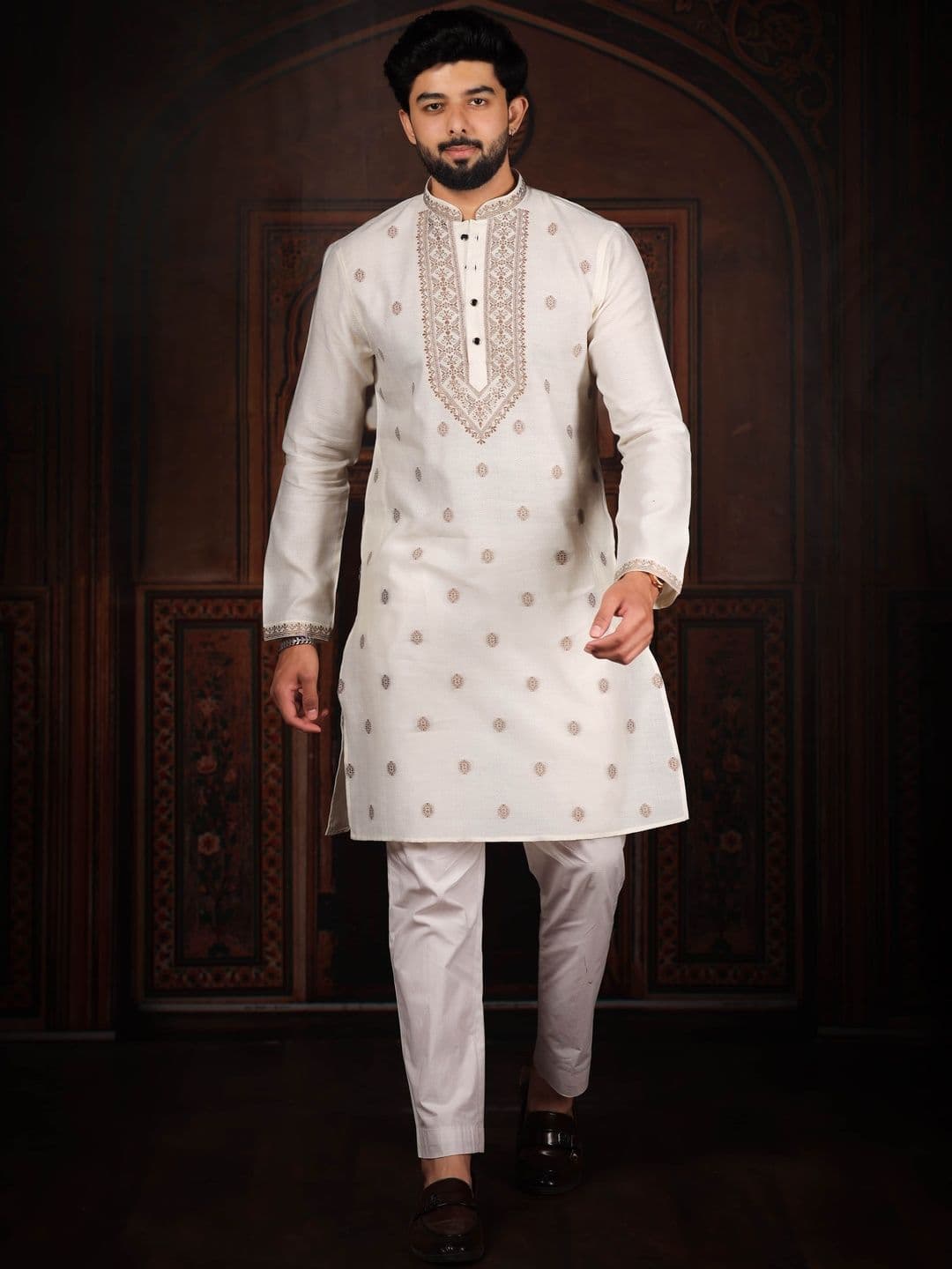 Koshin Men Ethnic Motifs Woven Design Mandarin Collar Cotton Straight Kurtas - view 1