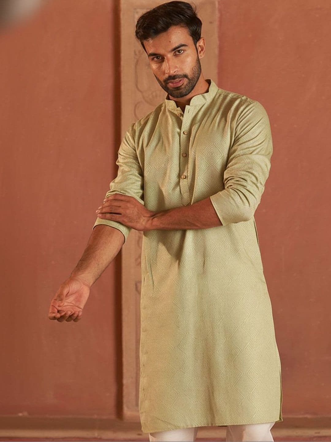 HERE&NOW Men Geometric Thread Work Pastels Jacquard Kurta - view 1