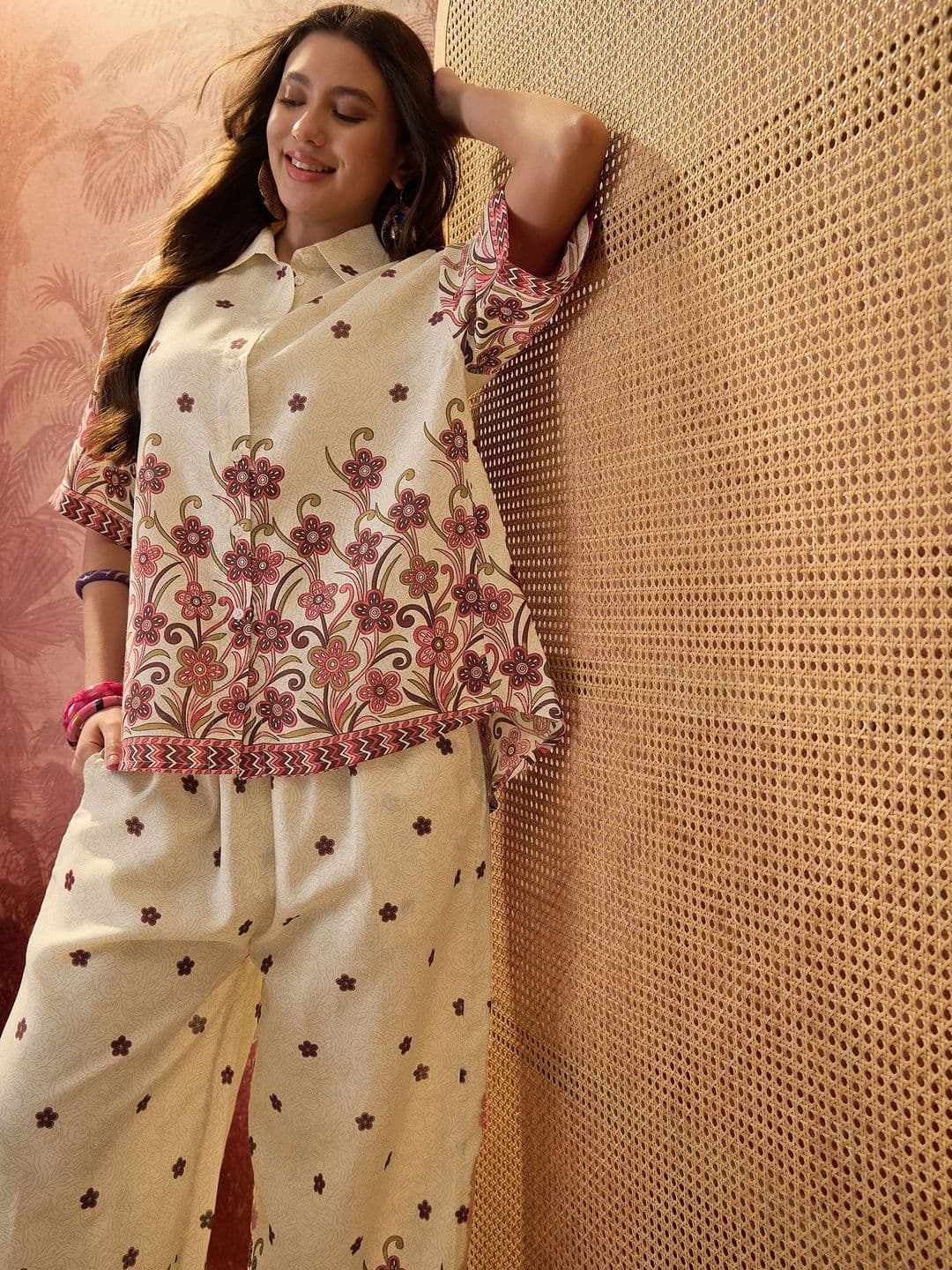 Sangria Short Sleeves Printed Shirt With Palazzo - view 1