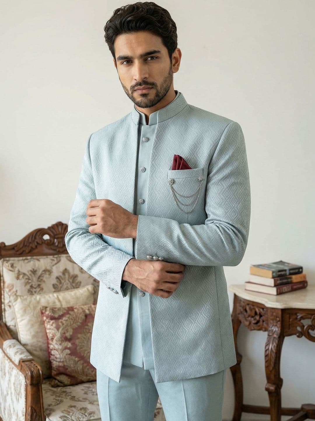Jompers Textured Mandarin Collar Sherwani - view 1