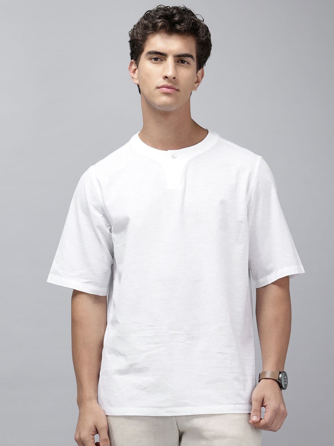NAVNIV Cotton-Linen Band Collar Straight Kurta - view 1