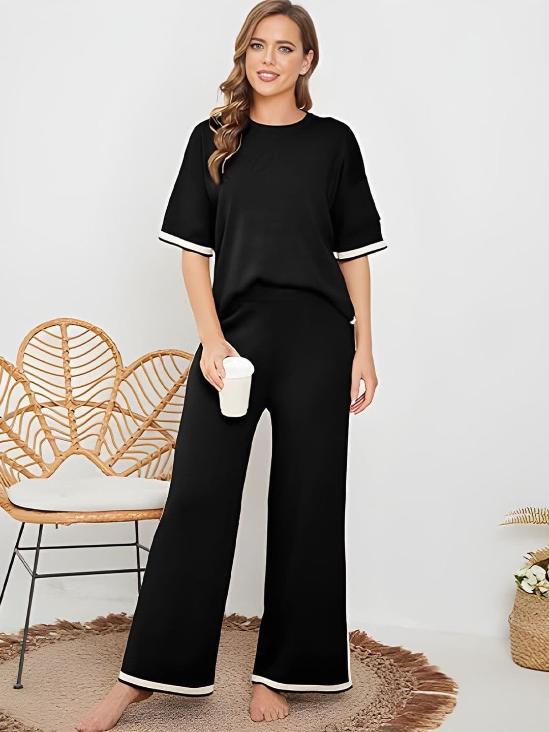 BLACK ROSSY Solid T-shirt with Palazzos - view 1
