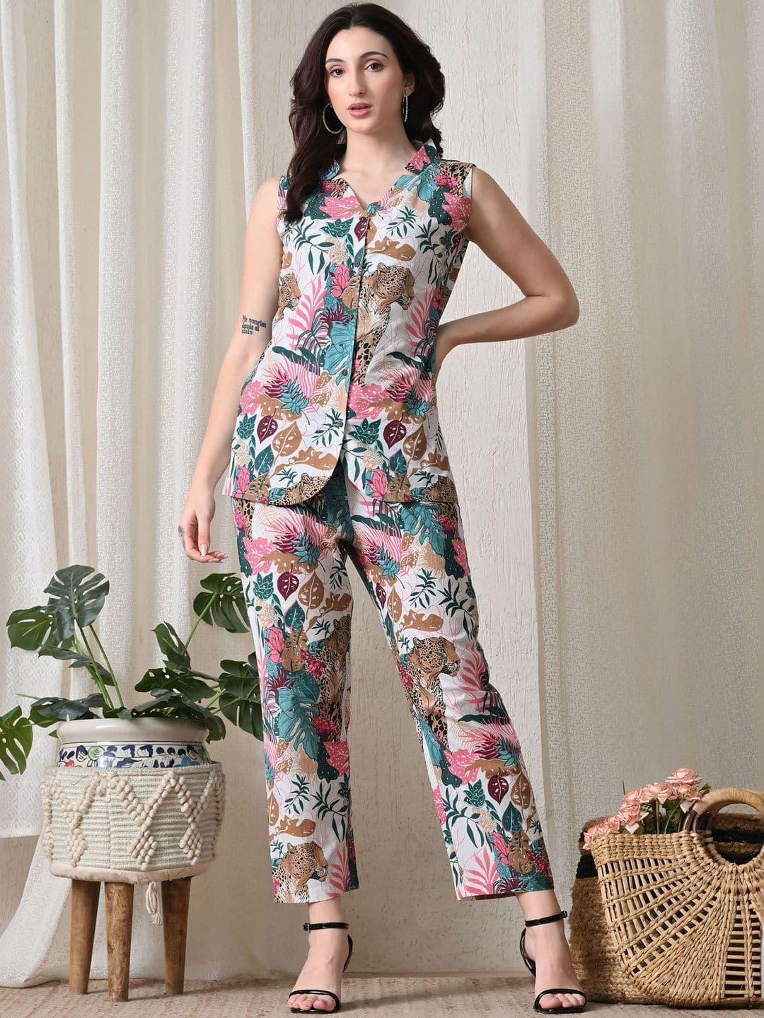 Anouk Tropical Printed Cotton Top With Trousers - view 1