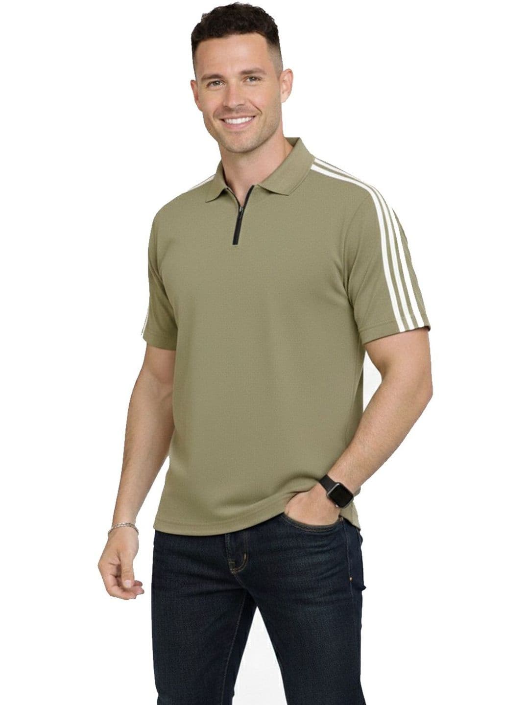 Organic Chics Olive Green Polo Collar Regular Fit T-shirt - view 1