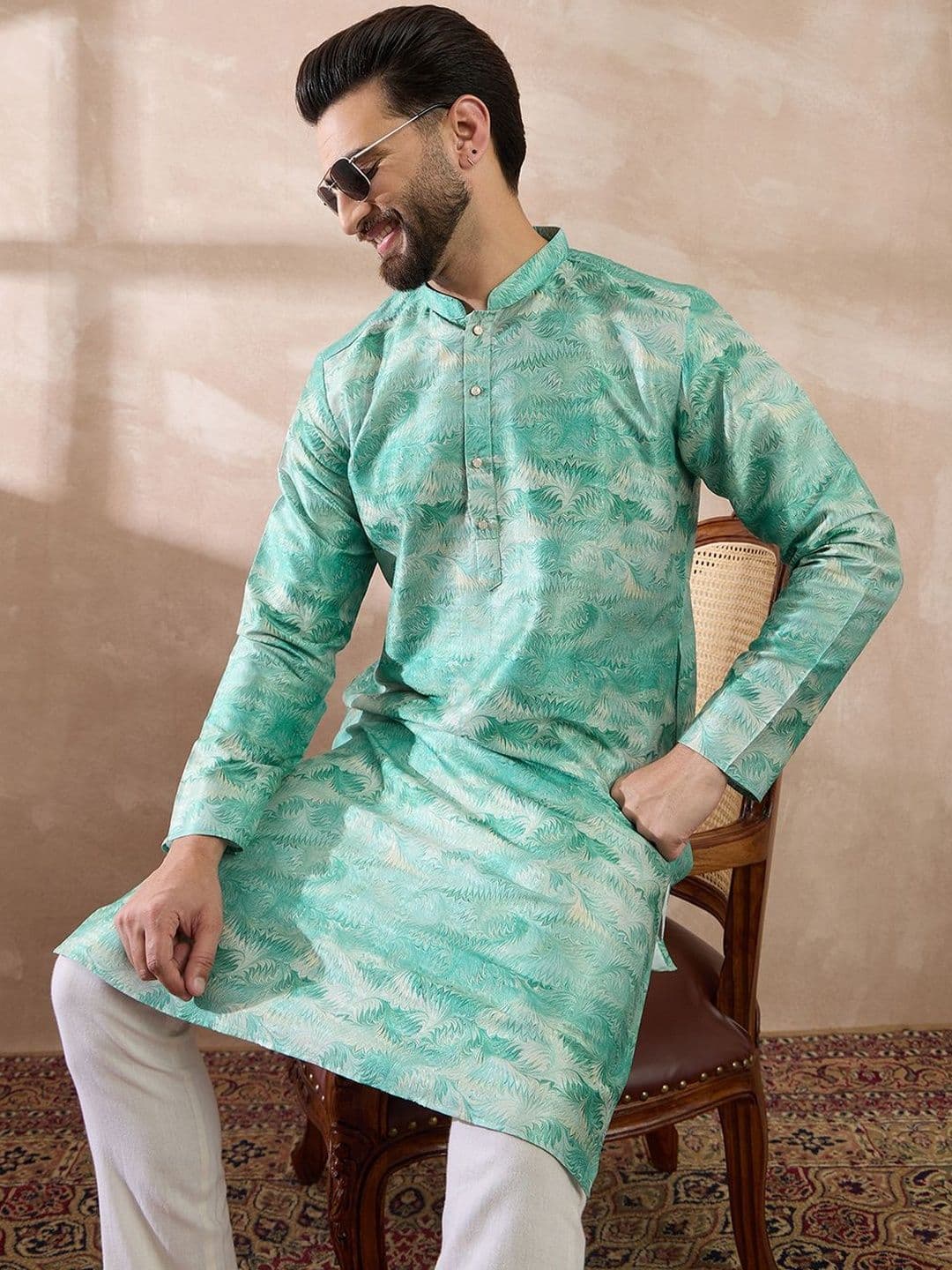 House of Pataudi Printed Silk Mandarin Collar Knee Length Straight Kurta - view 1