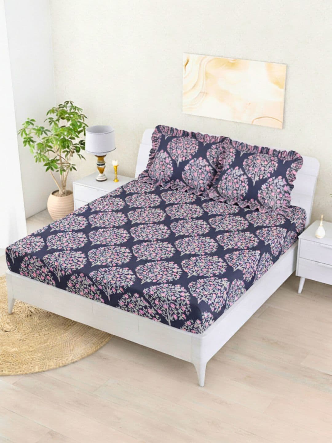 Status Blue & Pink Premium Cotton Feel Double Fitted Bedsheet with 2 Frill Pillow Covers - view 1