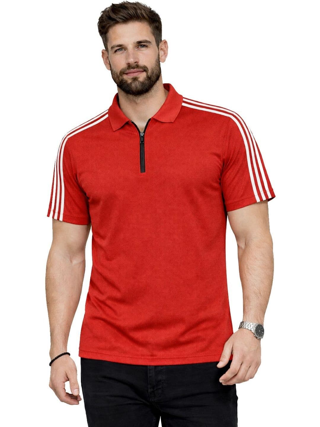 Organic Chics Red Polo Collar Regular Fit Self Design T-shirt - view 1