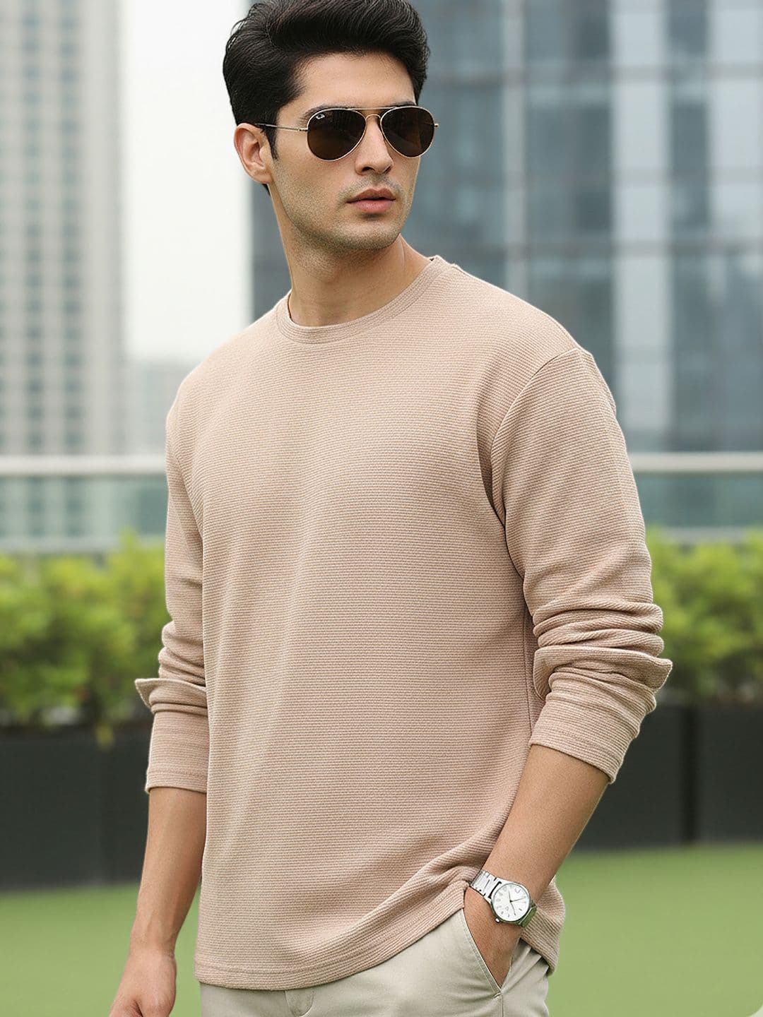 Urbano Fashion Men's Ginger Root Textured Round Neck Oversized Full Sleeve Cotton T-Shirt - view 1