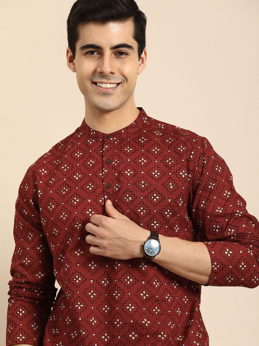 Fifth U Men Cotton Mandarin Collar Long Sleeves Geometric Printed Kurta - view 1