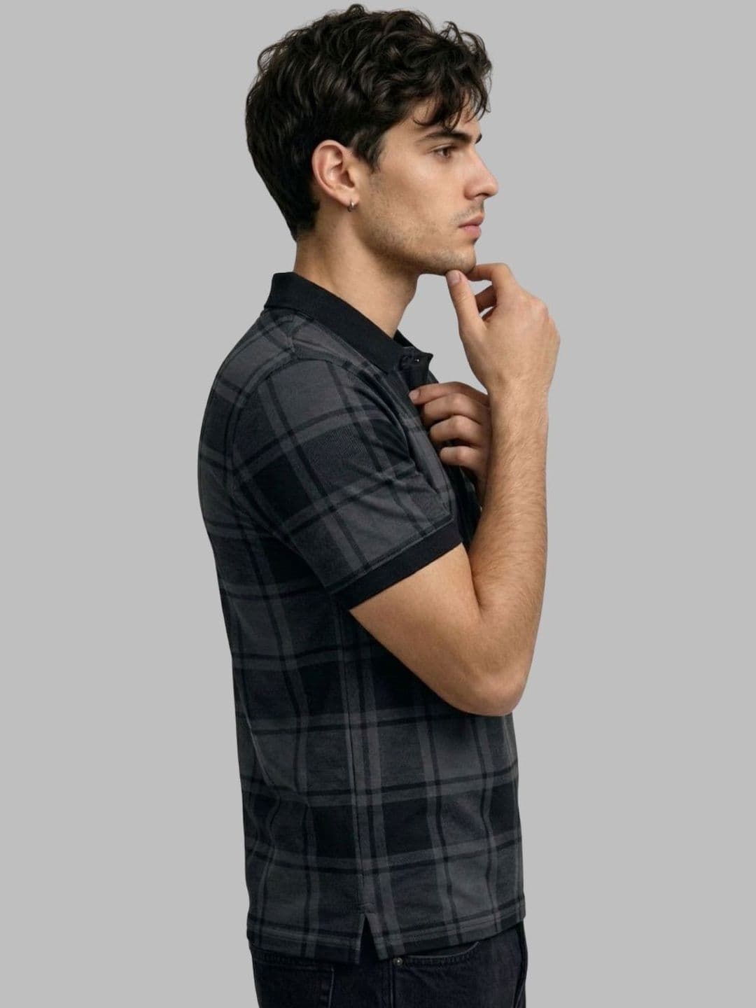 CLUB 44 Charcoal Checked Polo Collar T-shirt for Men - view 1