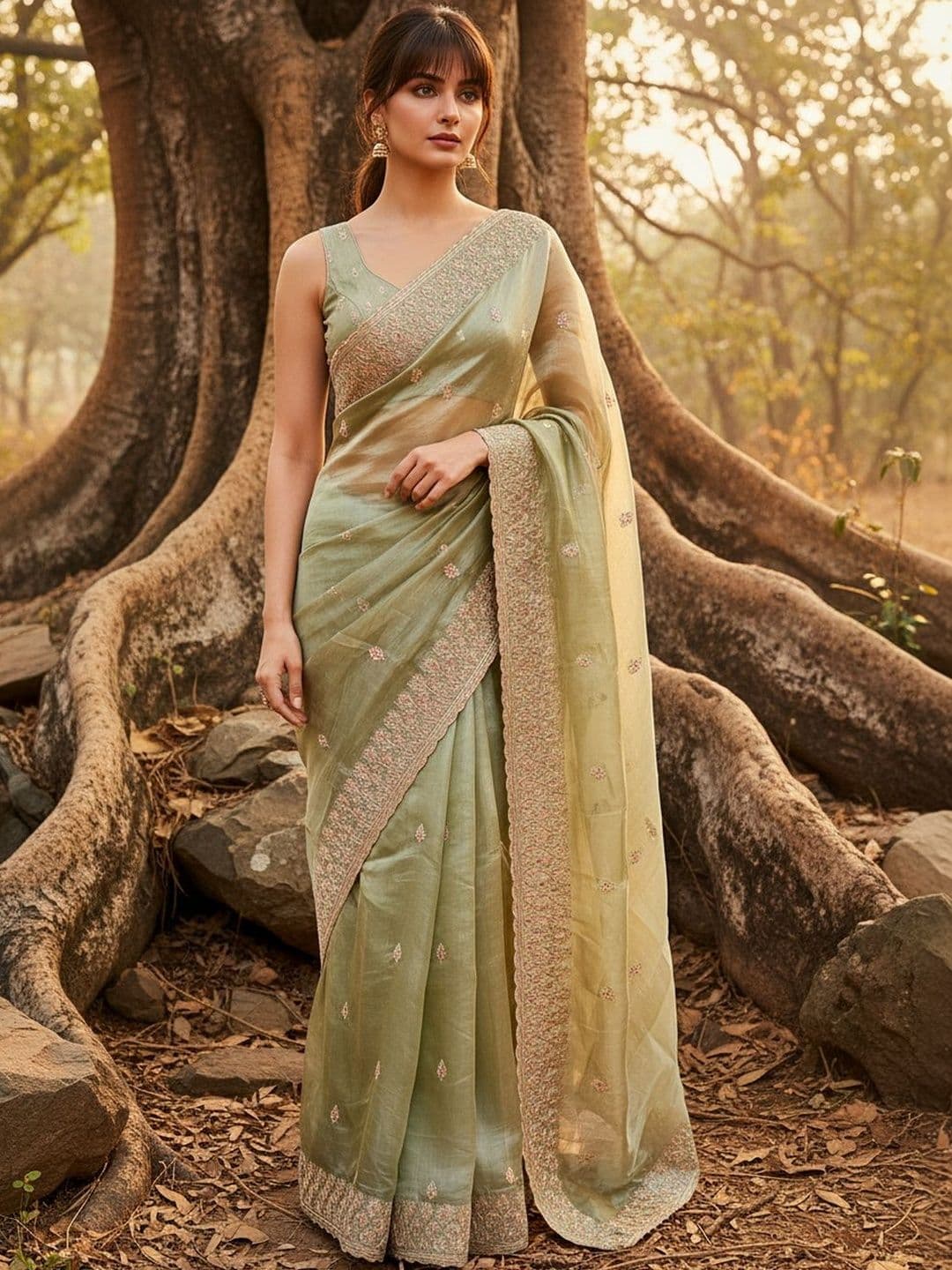 FABLAND Floral Embroidered Zari Tissue Saree - view 1