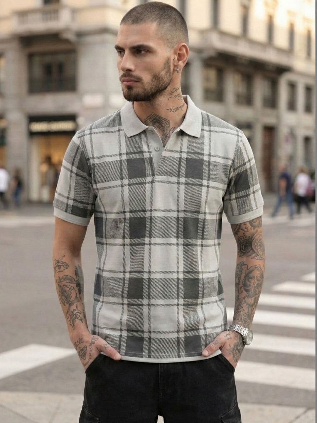 SZN Grey Checked Polo Collar T-shirt - view 1