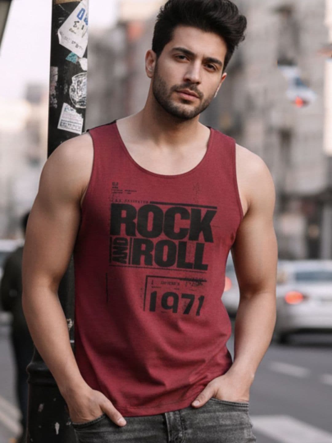 HERE&NOW Plus Size Maroon Black Placement Print Curved Bottom Sleeveless Cotton T-Shirt - view 1