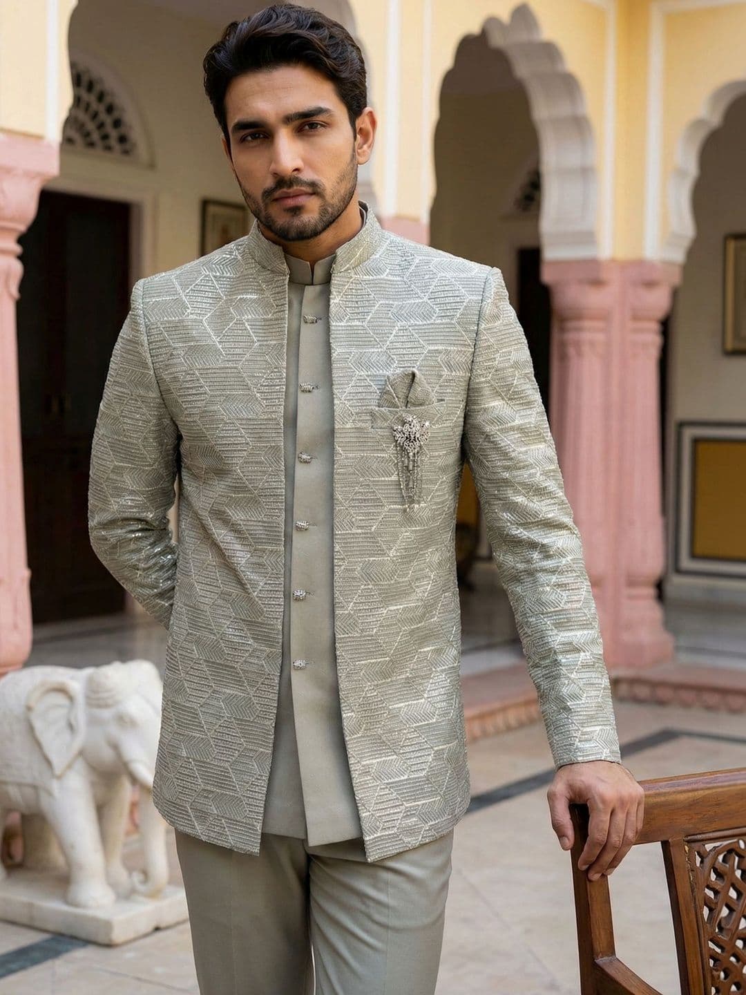 Jompers Embroidered Mandarin Collar Sherwani - view 1