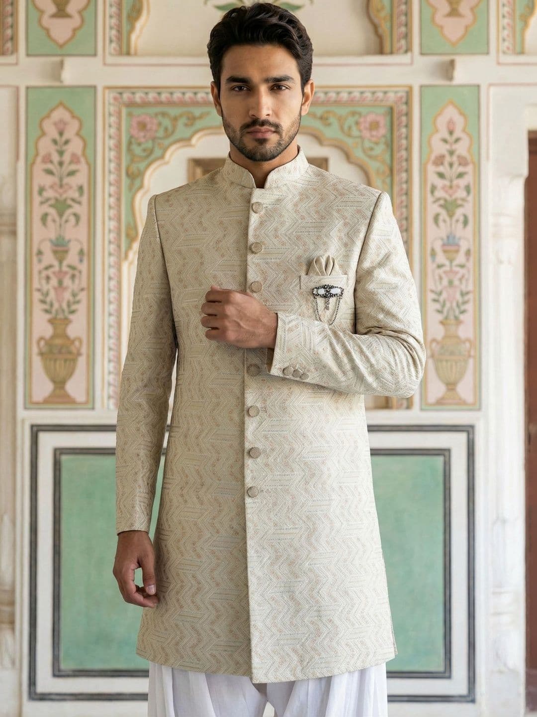 Jompers Embroidered Mandarin Collar Sherwani - view 1