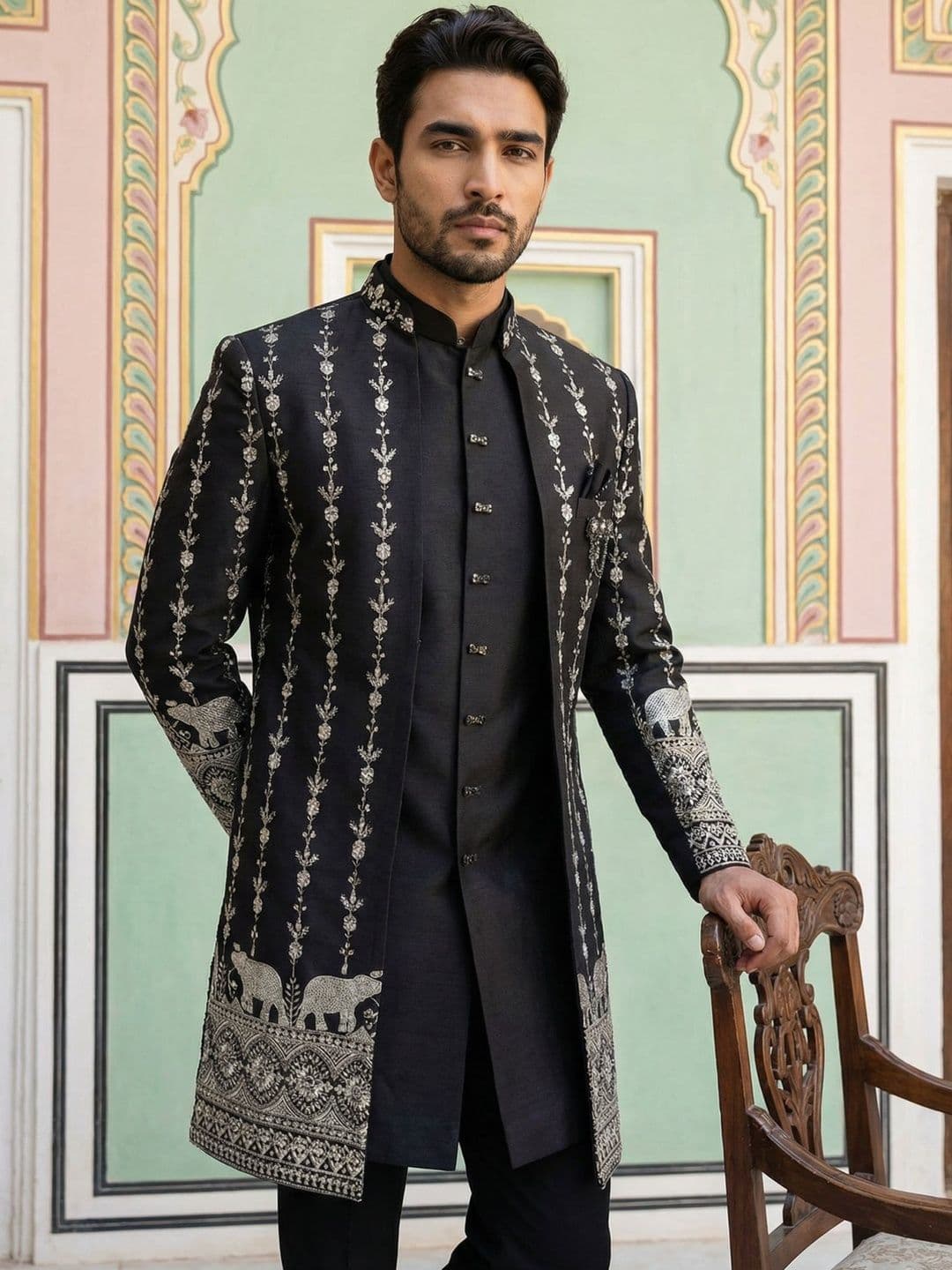Jompers Embroidered Mandarin Collar Sherwani - view 1