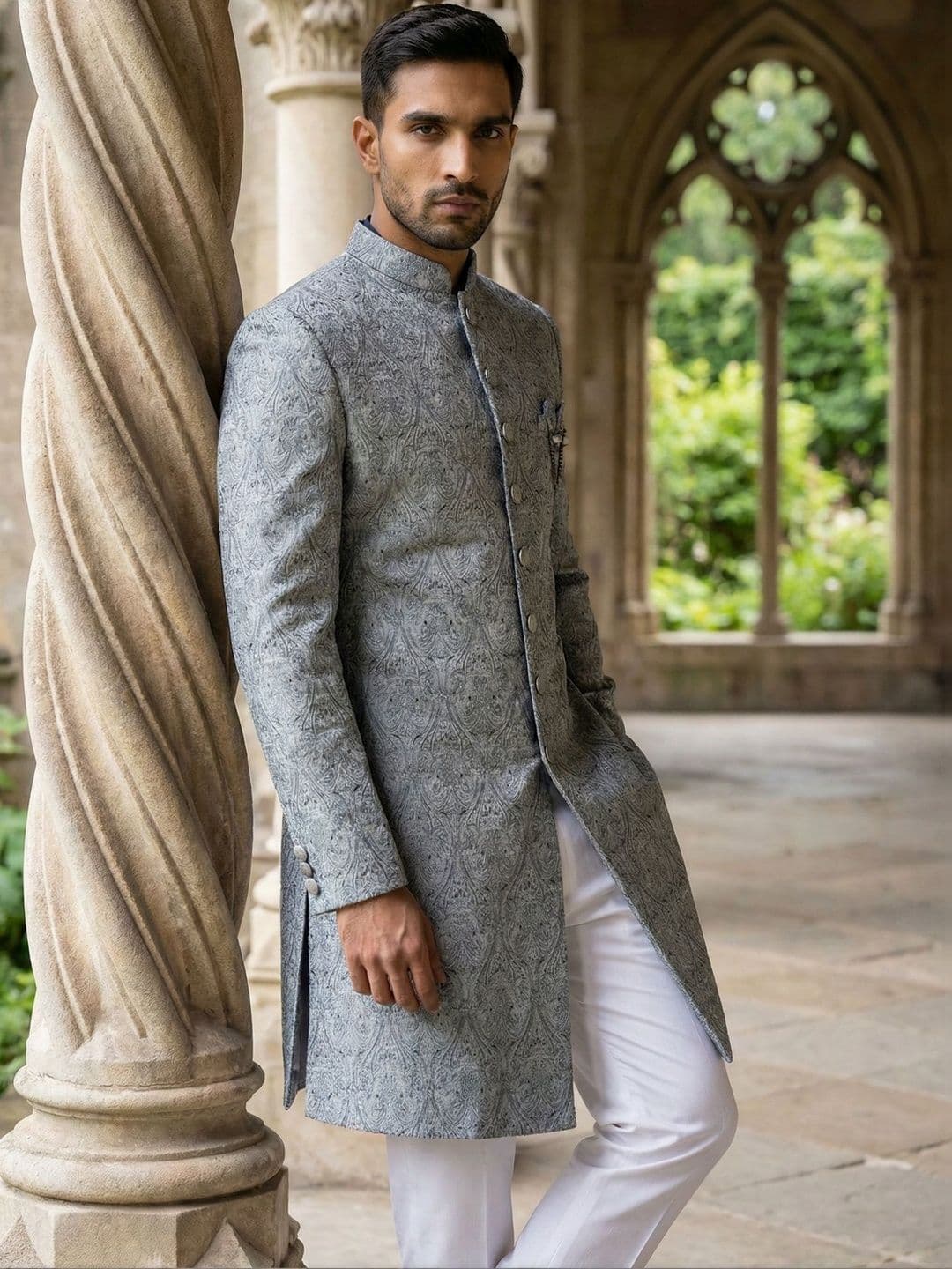 Jompers Self Design Mandarin Collar Sherwani - view 1