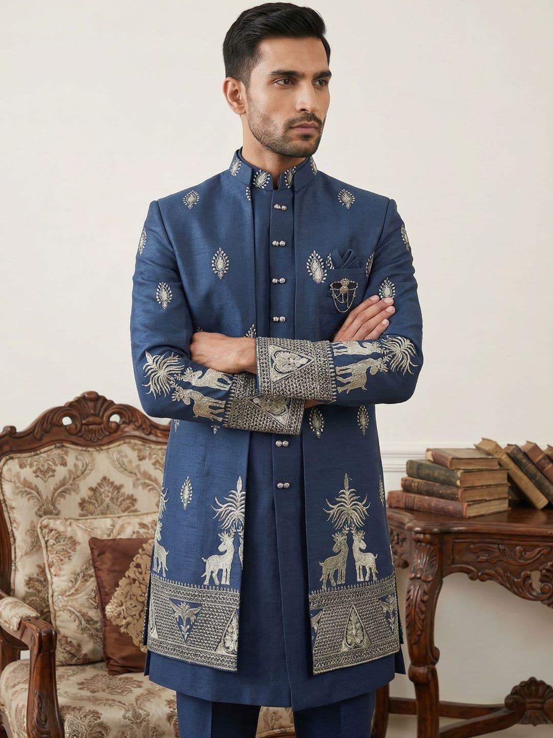 Jompers Embroidered Mandarin Collar Sherwani - view 1