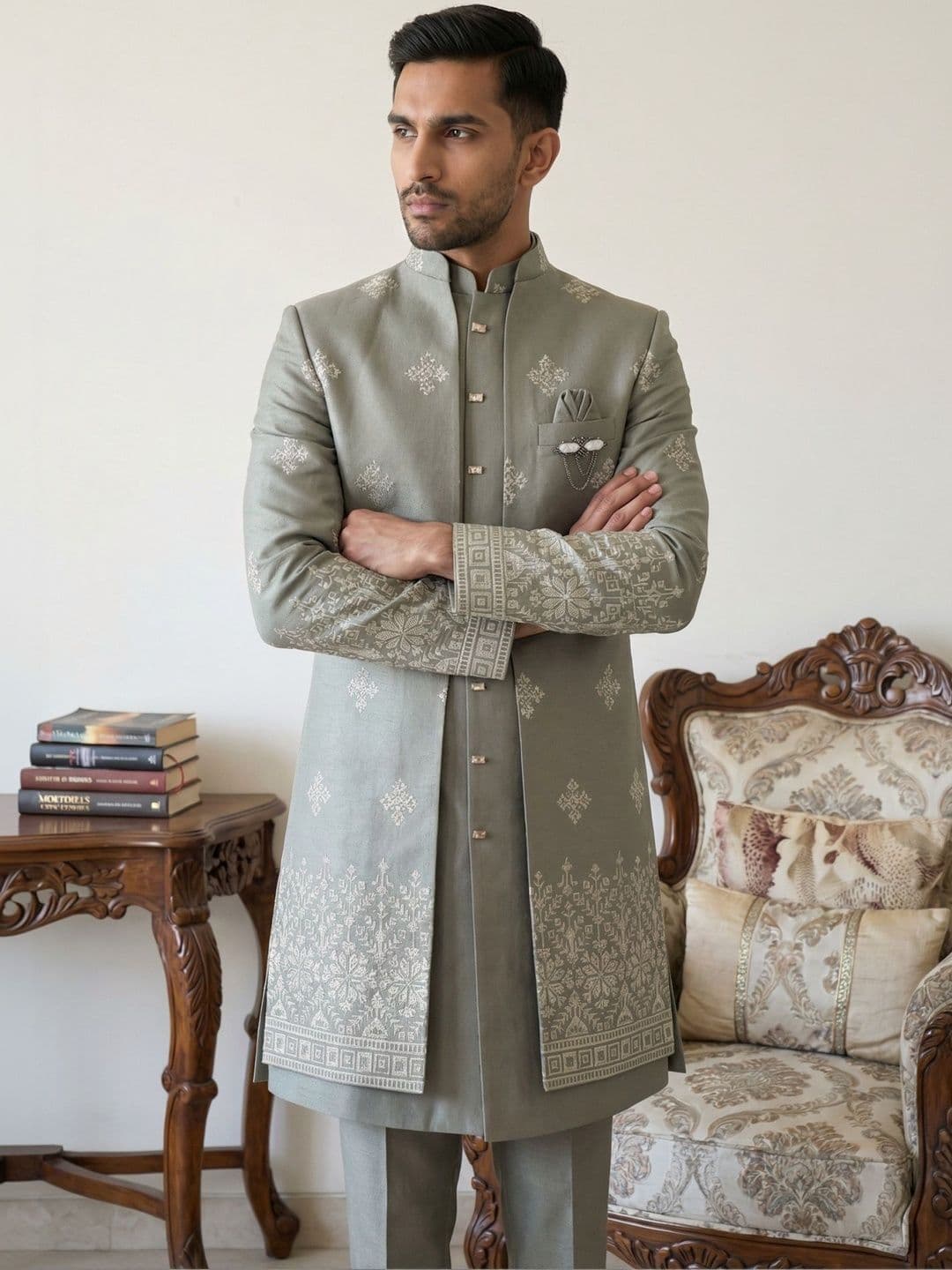 Jompers Self Design Mandarin Collar Sherwani - view 1