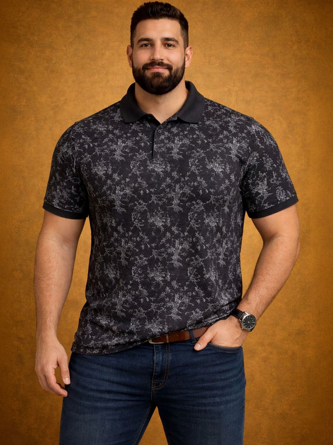 Davno Men Cotton Printed Polo Collar Short Sleeves T-shirts - view 1