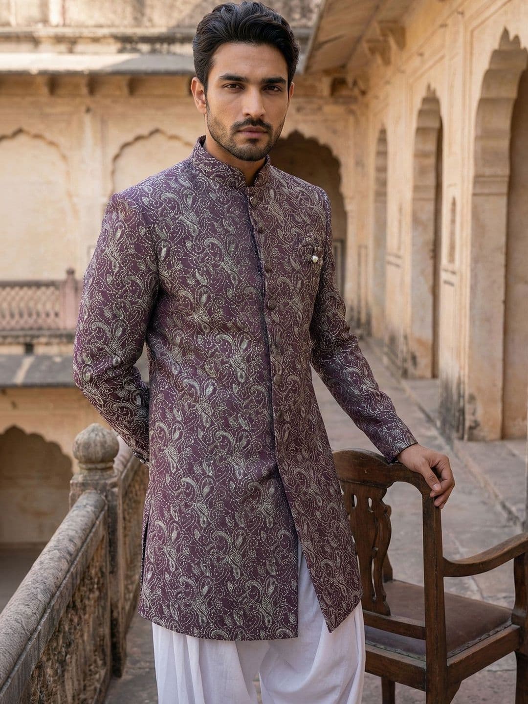 Jompers Self Design Mandarin Collar Sherwani - view 1