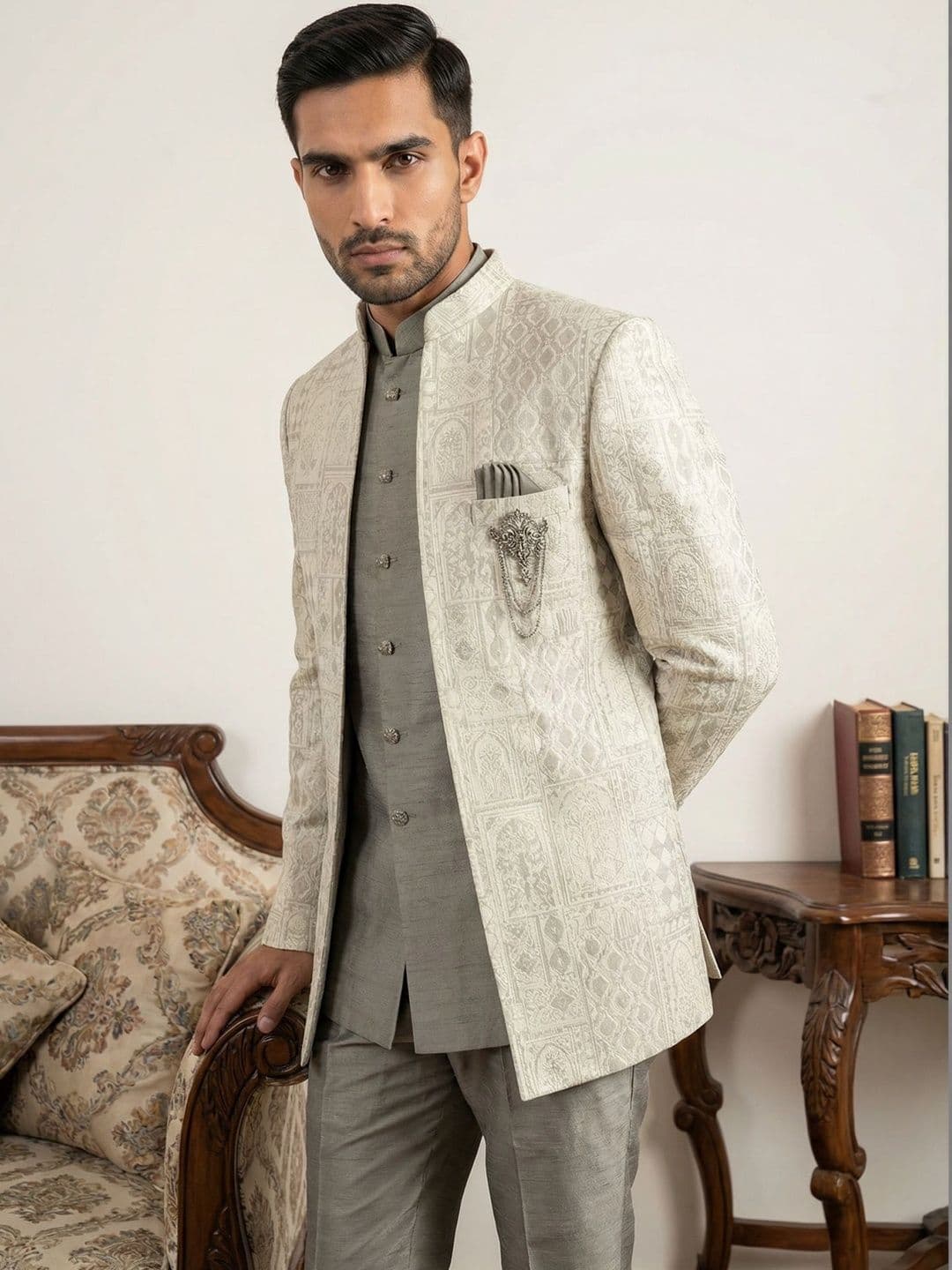 Jompers Self Design Mandarin Collar Sherwani - view 1