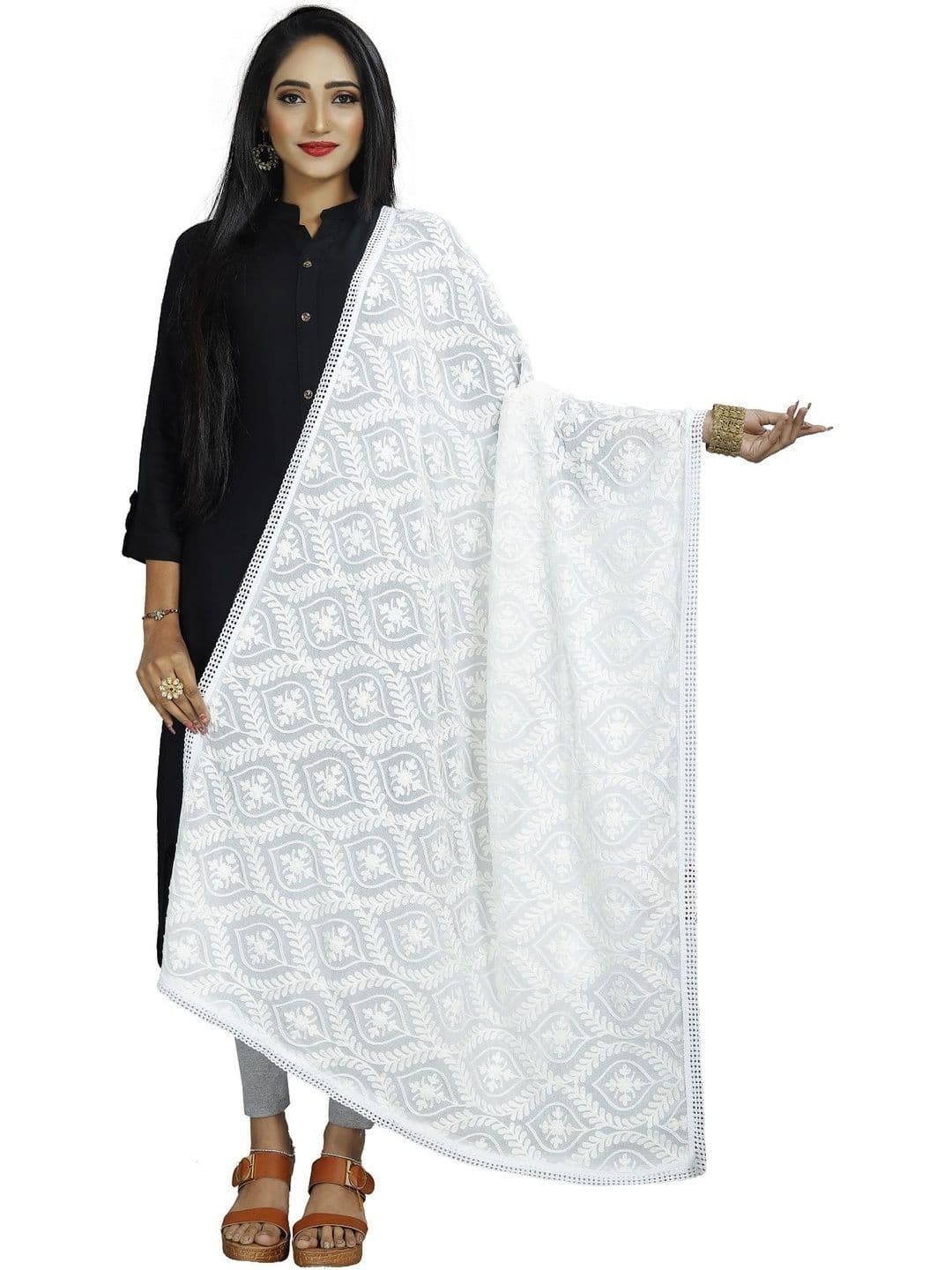 Avni N Anvi Embroidered Dupatta with Chikankari - view 1