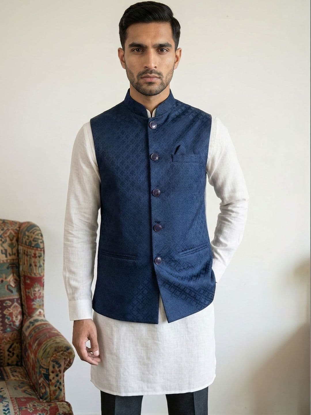 HERE&NOW Men Geometric Woven Design Nehru Jackets - view 1