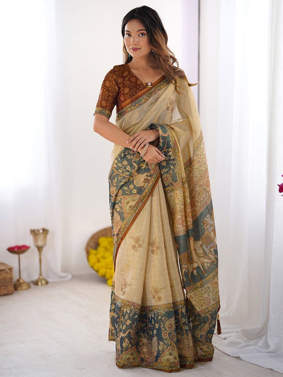 Satrani Floral Printed Pure Linen Saree - view 1