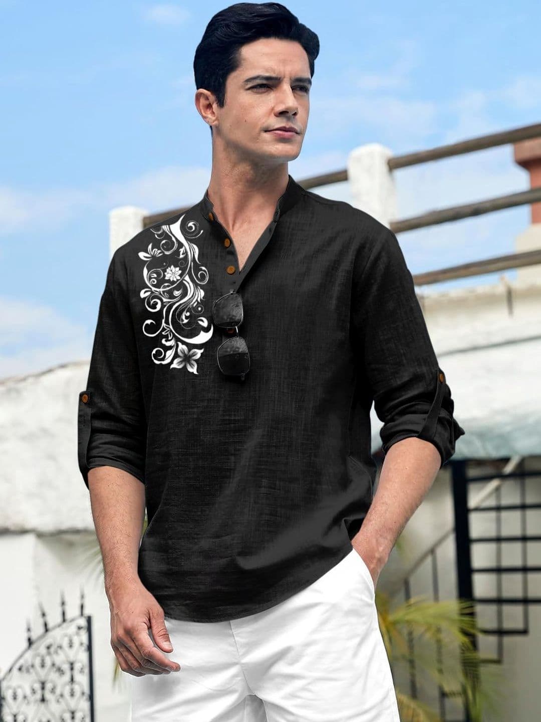 Zombom Men Printed Mandarin Collar Roll-Up Sleeves Straight Kurta - view 1
