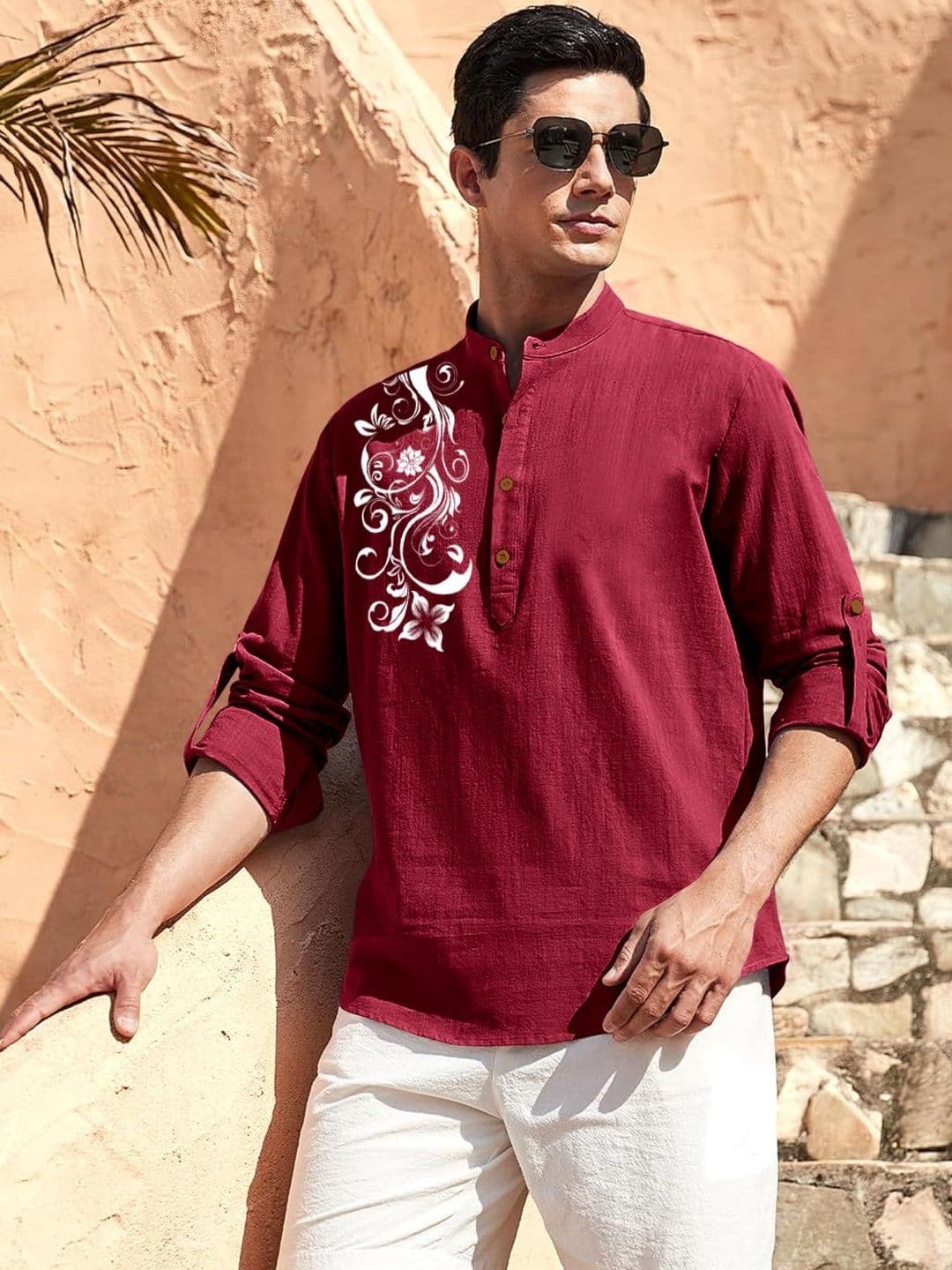 Zombom Men Printed Mandarin Collar Roll-Up Sleeves Straight Kurta - view 1
