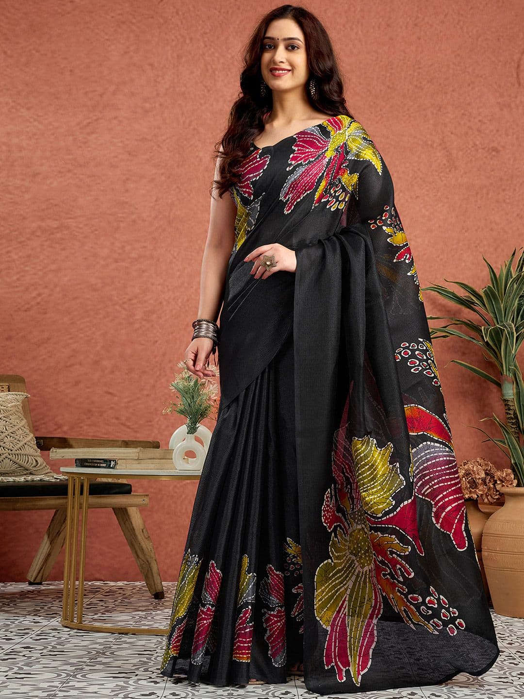 Sangria Floral Printed Tussar Saree With Unstitched Blouse - view 1