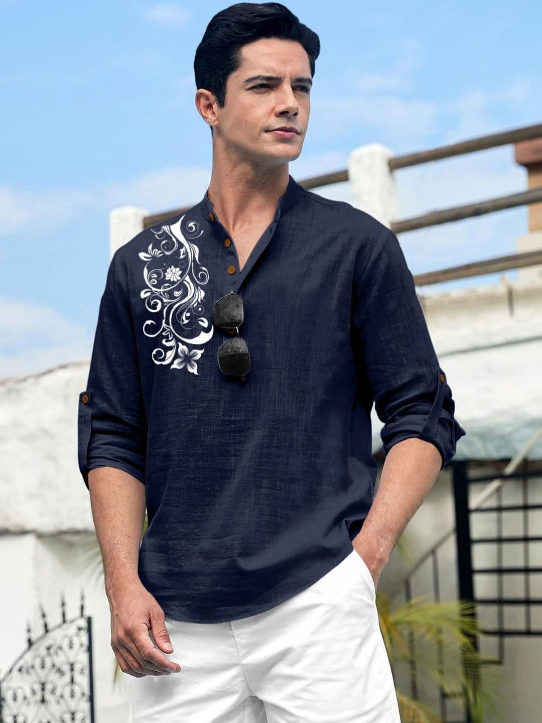 Zombom Men Printed Mandarin Collar Roll-Up Sleeves Straight Kurta - view 1